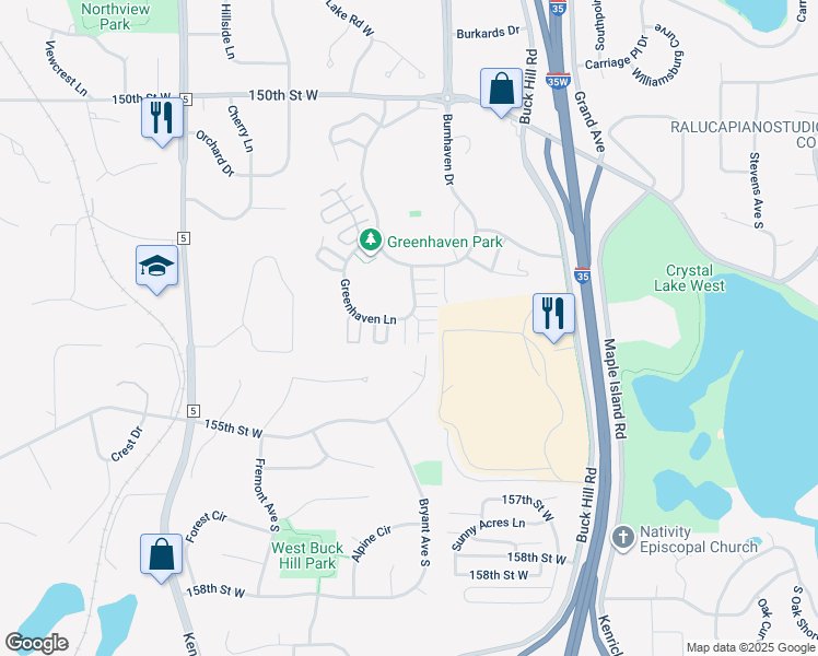 map of restaurants, bars, coffee shops, grocery stores, and more near 103 Greenhaven Way in Burnsville
