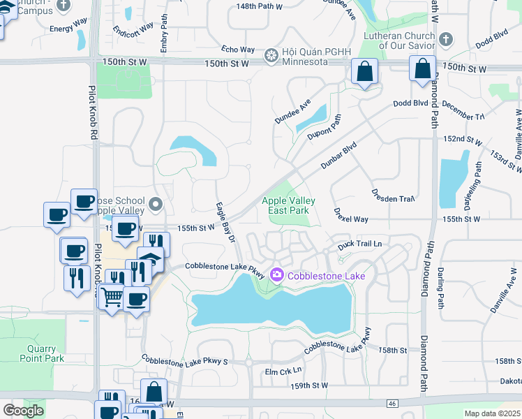 map of restaurants, bars, coffee shops, grocery stores, and more near 15430 Eames Way in Apple Valley