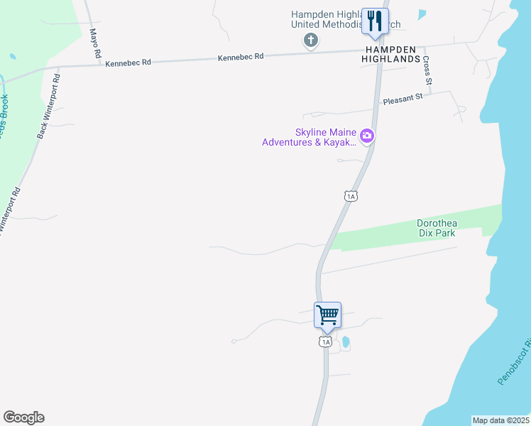 map of restaurants, bars, coffee shops, grocery stores, and more near 236 Main Road South in Hampden