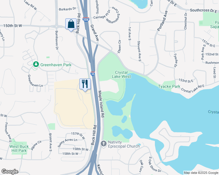 map of restaurants, bars, coffee shops, grocery stores, and more near 15309 Maple Island Road in Burnsville