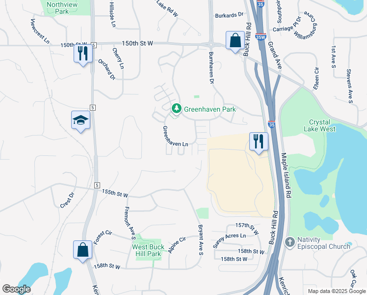 map of restaurants, bars, coffee shops, grocery stores, and more near 103 Greenhaven Way in Burnsville