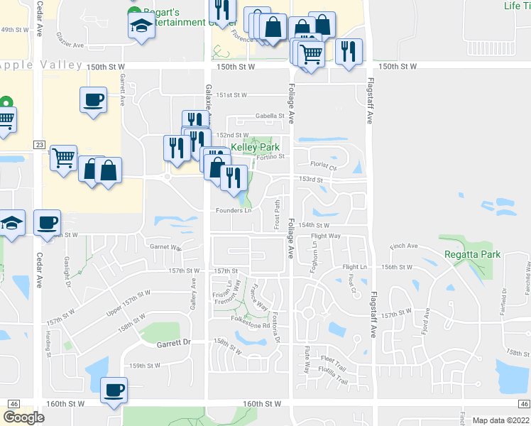 map of restaurants, bars, coffee shops, grocery stores, and more near 15402 Founders Lane in Apple Valley
