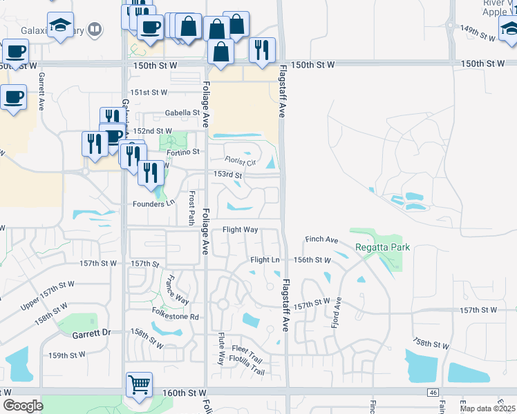 map of restaurants, bars, coffee shops, grocery stores, and more near 15391 Flower Way in Apple Valley