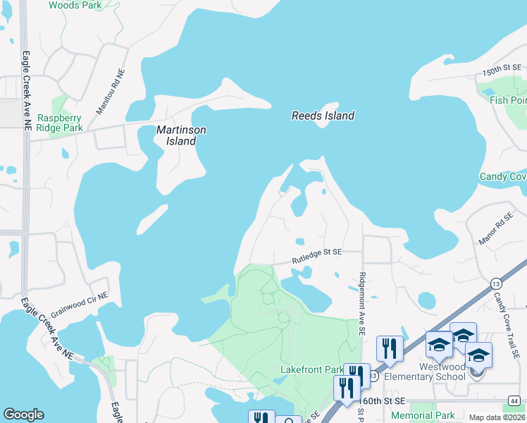 map of restaurants, bars, coffee shops, grocery stores, and more near 15402 Red Oaks Road Southeast in Prior Lake