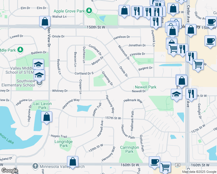 map of restaurants, bars, coffee shops, grocery stores, and more near 889 Whitney Drive in Apple Valley