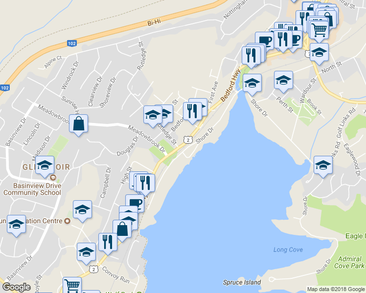 map of restaurants, bars, coffee shops, grocery stores, and more near 14 Bedford Highway in Bedford
