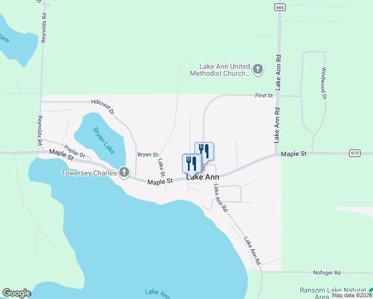 map of restaurants, bars, coffee shops, grocery stores, and more near 6632 Front Street in Lake Ann