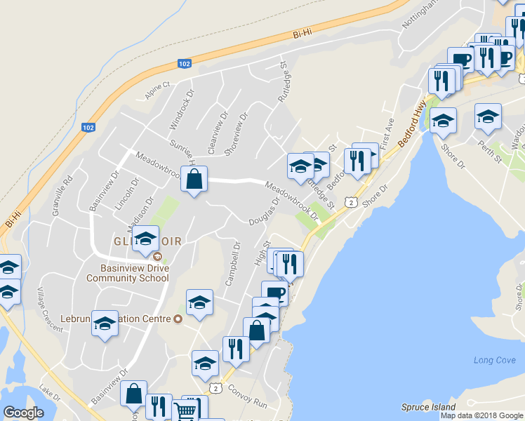 map of restaurants, bars, coffee shops, grocery stores, and more near 17 Douglas Drive in Bedford