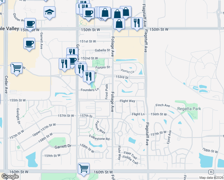 map of restaurants, bars, coffee shops, grocery stores, and more near 15359 Foliage Avenue in Apple Valley