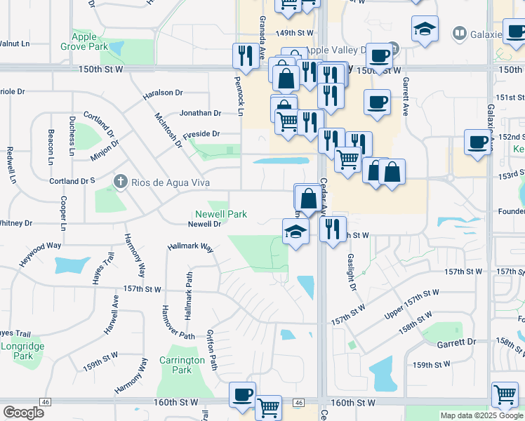 map of restaurants, bars, coffee shops, grocery stores, and more near 7820 Whitney Drive in Apple Valley