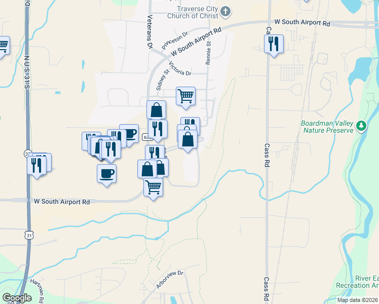 map of restaurants, bars, coffee shops, grocery stores, and more near 2572 Crossing Circle in Traverse City