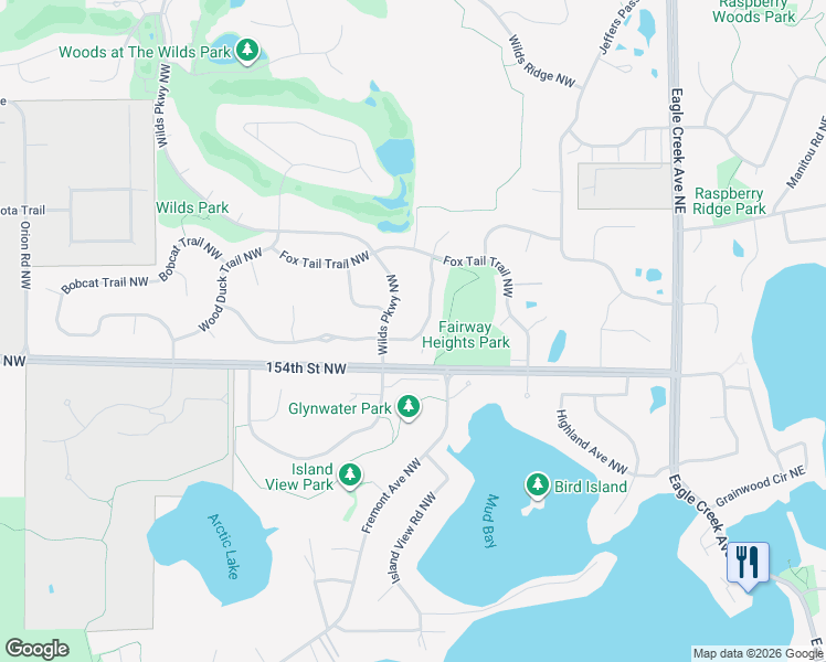 map of restaurants, bars, coffee shops, grocery stores, and more near 15383 Wilderness Ridge Road Northwest in Prior Lake