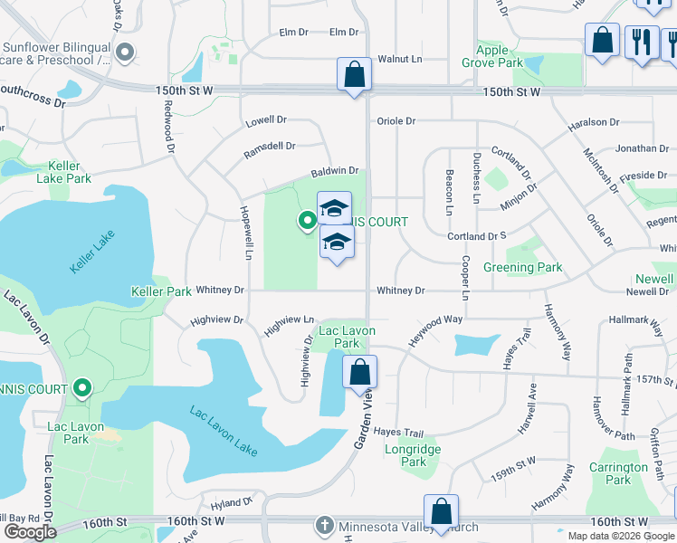 map of restaurants, bars, coffee shops, grocery stores, and more near 1025 Whitney Drive in Apple Valley