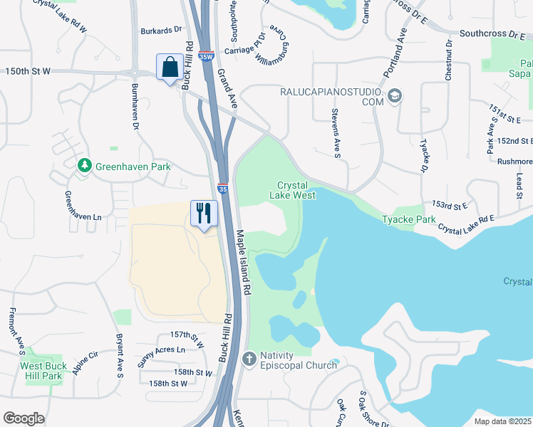 map of restaurants, bars, coffee shops, grocery stores, and more near 15309 Maple Island Road in Burnsville