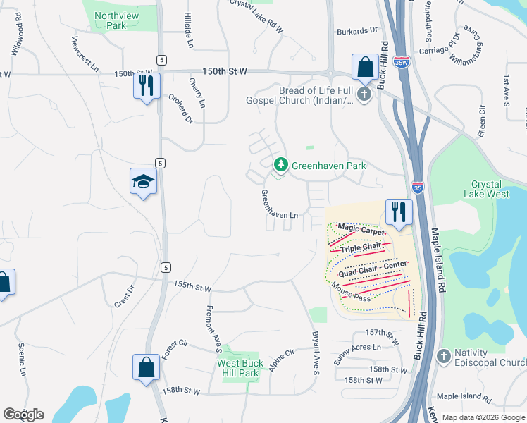 map of restaurants, bars, coffee shops, grocery stores, and more near 15301 Greenhaven Way in Burnsville