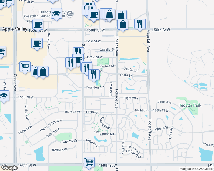 map of restaurants, bars, coffee shops, grocery stores, and more near 15402 Founders Lane in Apple Valley