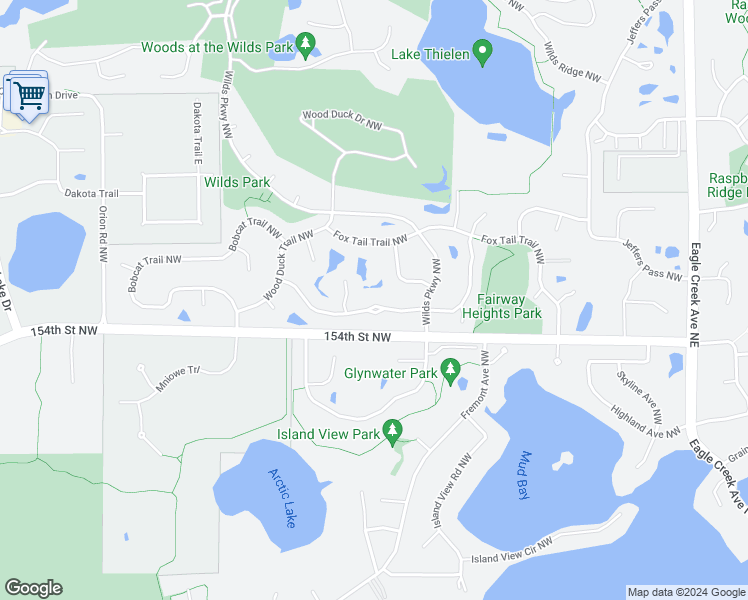 map of restaurants, bars, coffee shops, grocery stores, and more near 3303 Wild Horse pass Northwest in Prior Lake