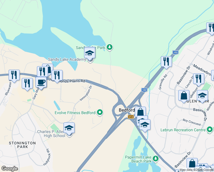 map of restaurants, bars, coffee shops, grocery stores, and more near 365 Hammonds Plains Road in Bedford