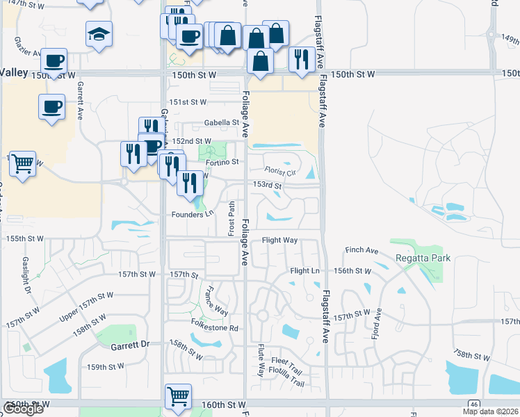 map of restaurants, bars, coffee shops, grocery stores, and more near 15293 Flower Way in Apple Valley