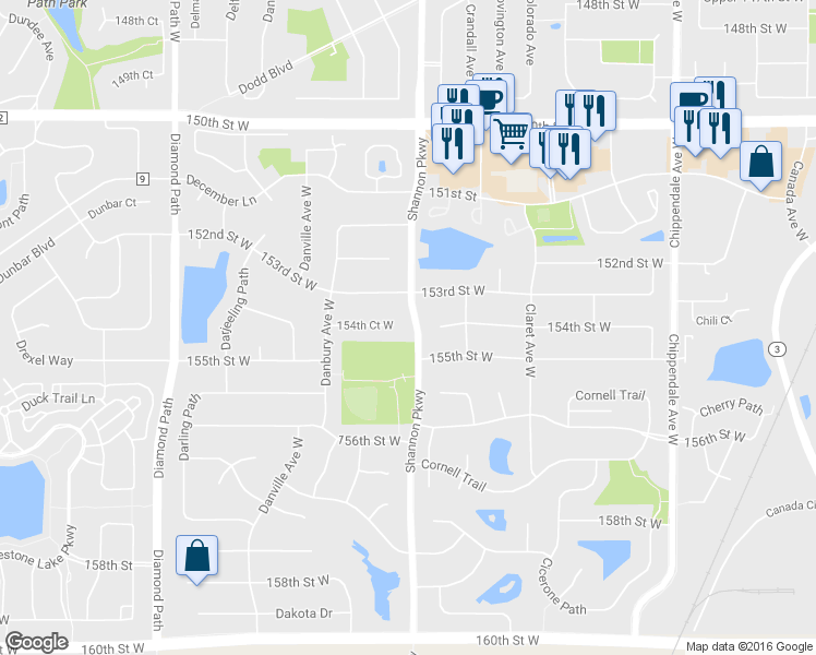 map of restaurants, bars, coffee shops, grocery stores, and more near 4025 154th Court West in Rosemount