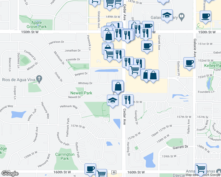 map of restaurants, bars, coffee shops, grocery stores, and more near 15455 Cedar Avenue in Apple Valley