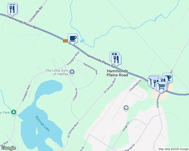 map of restaurants, bars, coffee shops, grocery stores, and more near 129 Appaloosa Run in Hammonds Plains