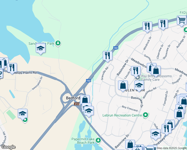 map of restaurants, bars, coffee shops, grocery stores, and more near Bicentennial Drive in Bedford