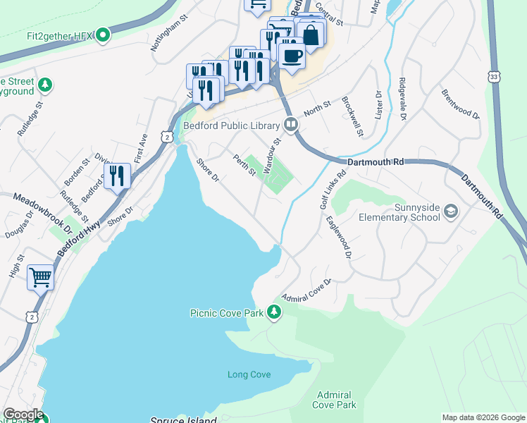 map of restaurants, bars, coffee shops, grocery stores, and more near 6 Wardour Street in Bedford
