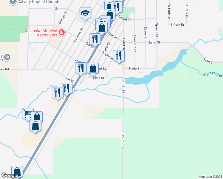 map of restaurants, bars, coffee shops, grocery stores, and more near 15 Rivers Edge Road Northwest in Kalkaska