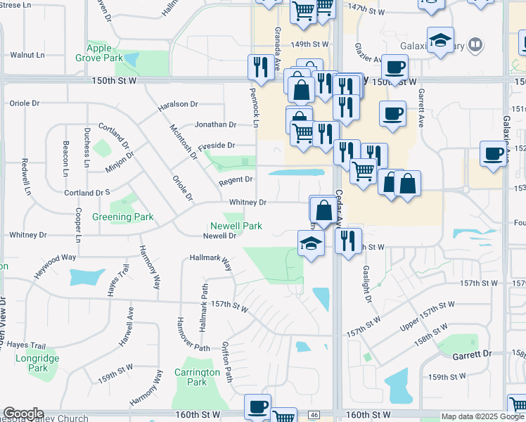 map of restaurants, bars, coffee shops, grocery stores, and more near 7820 Whitney Drive in Apple Valley
