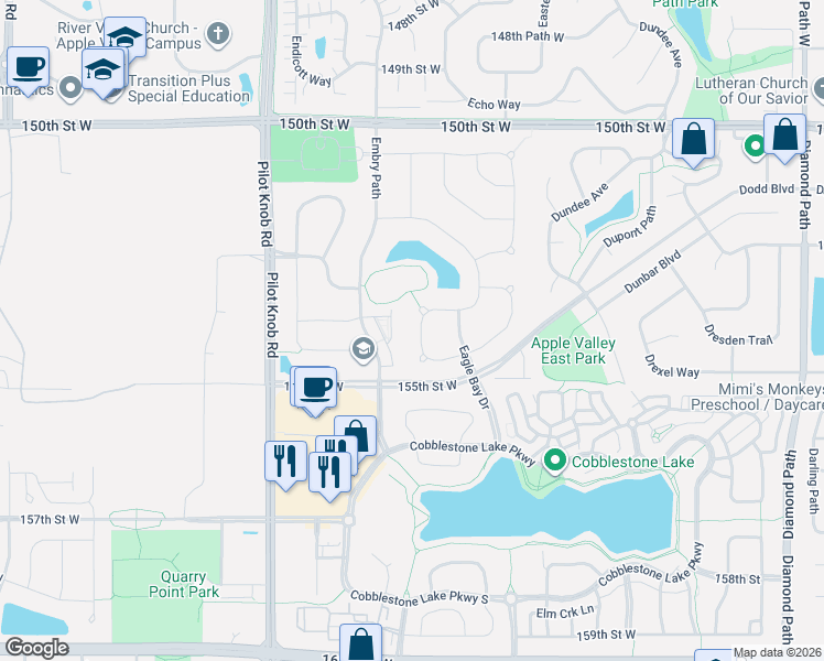 map of restaurants, bars, coffee shops, grocery stores, and more near 15410 Eagle Bay Way in Apple Valley