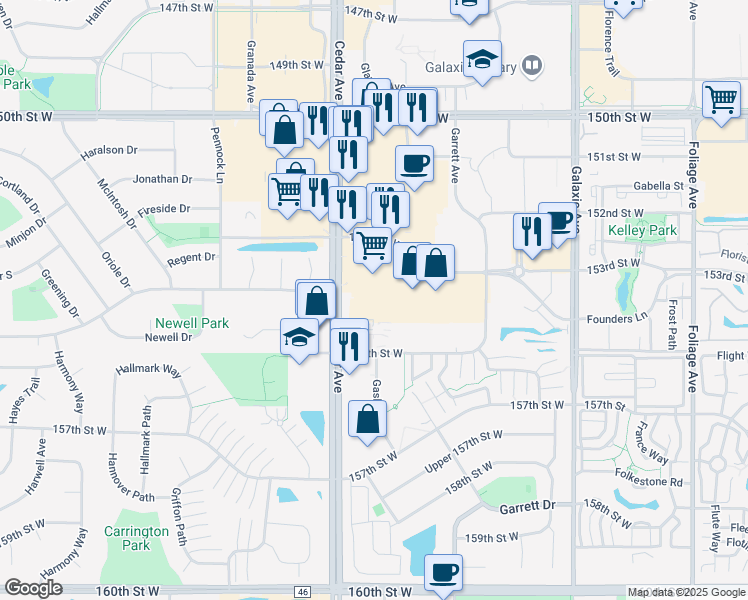 map of restaurants, bars, coffee shops, grocery stores, and more near 15350 Cedar Avenue in Apple Valley