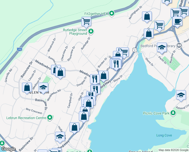 map of restaurants, bars, coffee shops, grocery stores, and more near 17 Pleasant Street in Bedford