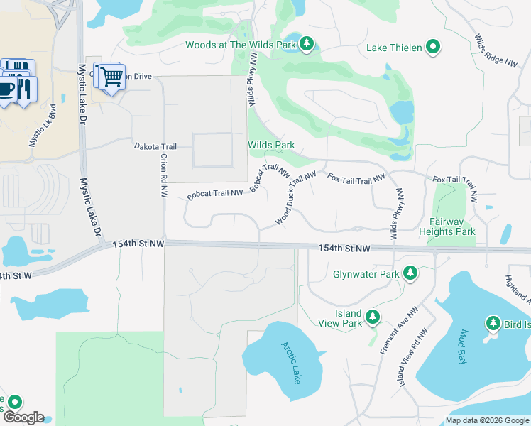 map of restaurants, bars, coffee shops, grocery stores, and more near 15332 Eagles Ridge Northwest in Prior Lake