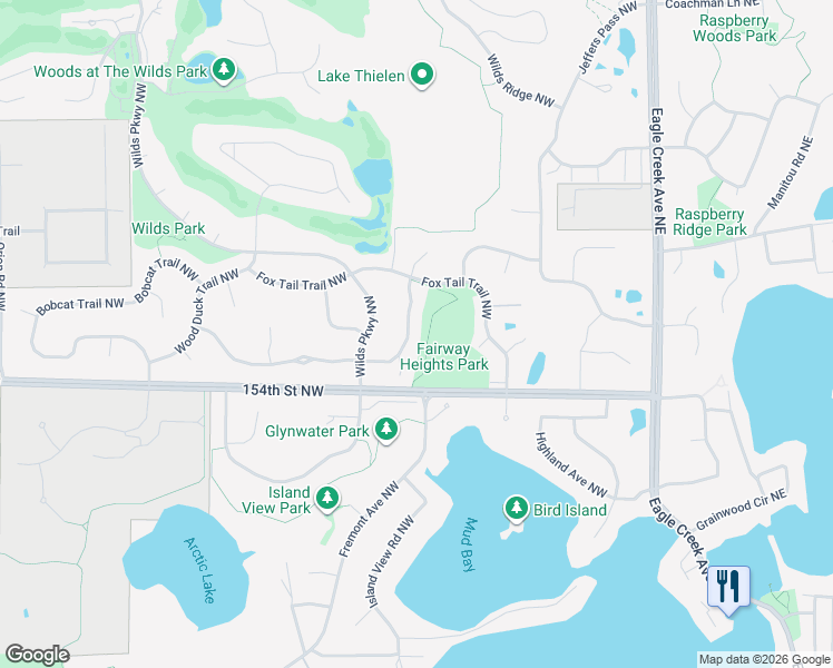 map of restaurants, bars, coffee shops, grocery stores, and more near 15315 Wilderness Ridge Road Northwest in Prior Lake