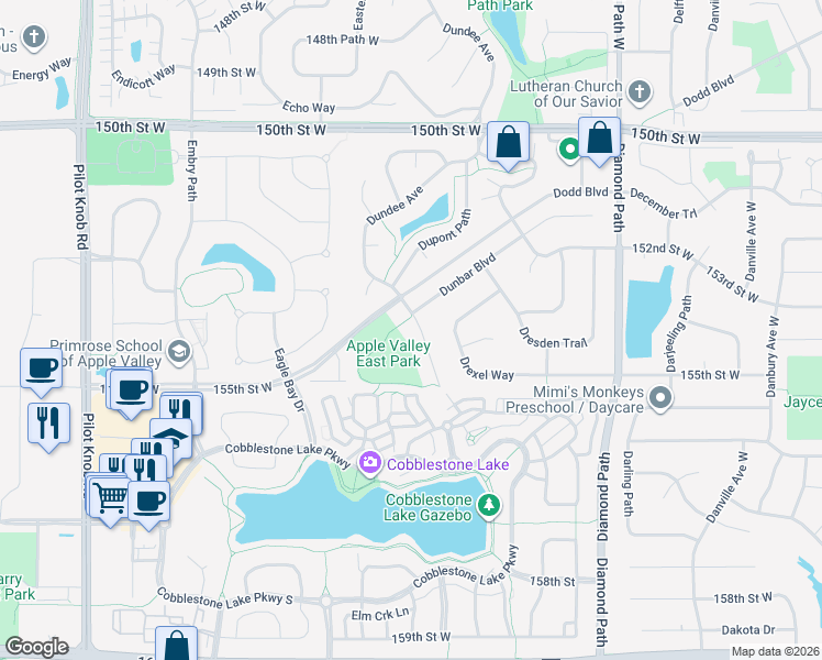 map of restaurants, bars, coffee shops, grocery stores, and more near 15146 Dunbar Boulevard in Apple Valley
