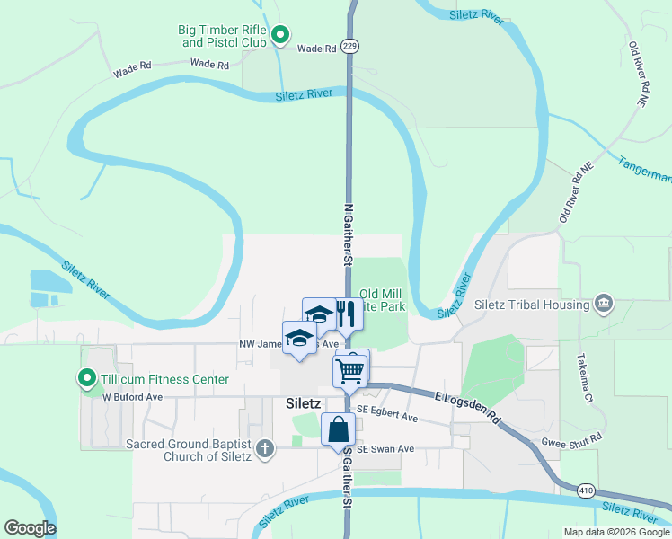 map of restaurants, bars, coffee shops, grocery stores, and more near 557 North Gaither Street in Siletz