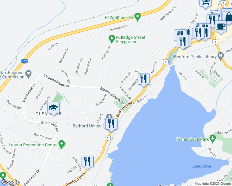 map of restaurants, bars, coffee shops, grocery stores, and more near 17 Pleasant Street in Bedford