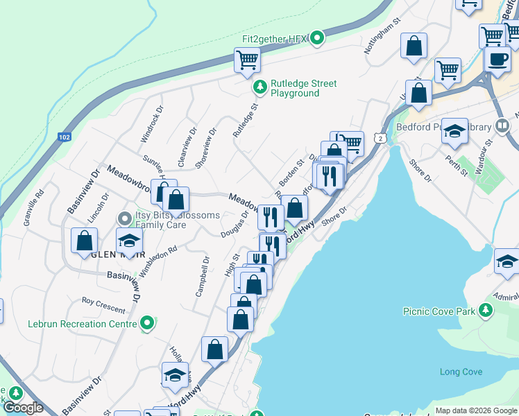 map of restaurants, bars, coffee shops, grocery stores, and more near 31 Meadowbrook Drive in Bedford