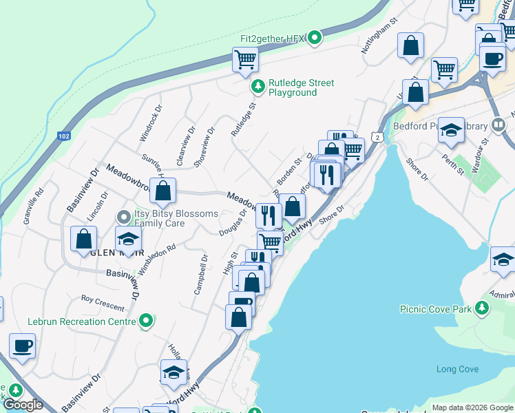 map of restaurants, bars, coffee shops, grocery stores, and more near 31 Meadowbrook Drive in Bedford