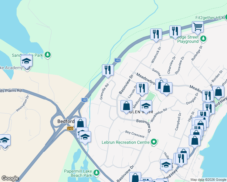 map of restaurants, bars, coffee shops, grocery stores, and more near 53 Silver Terrace in Bedford