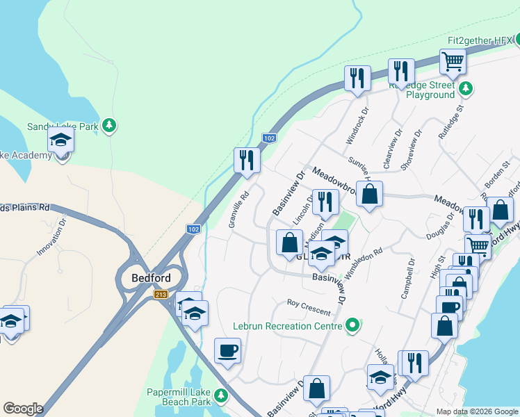 map of restaurants, bars, coffee shops, grocery stores, and more near 53 Silver Terrace in Bedford