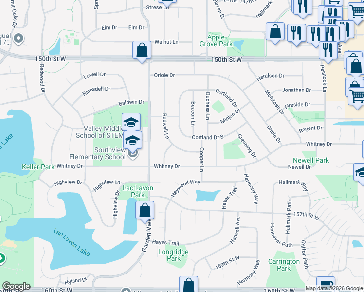 map of restaurants, bars, coffee shops, grocery stores, and more near 972 Cortland Drive South in Apple Valley