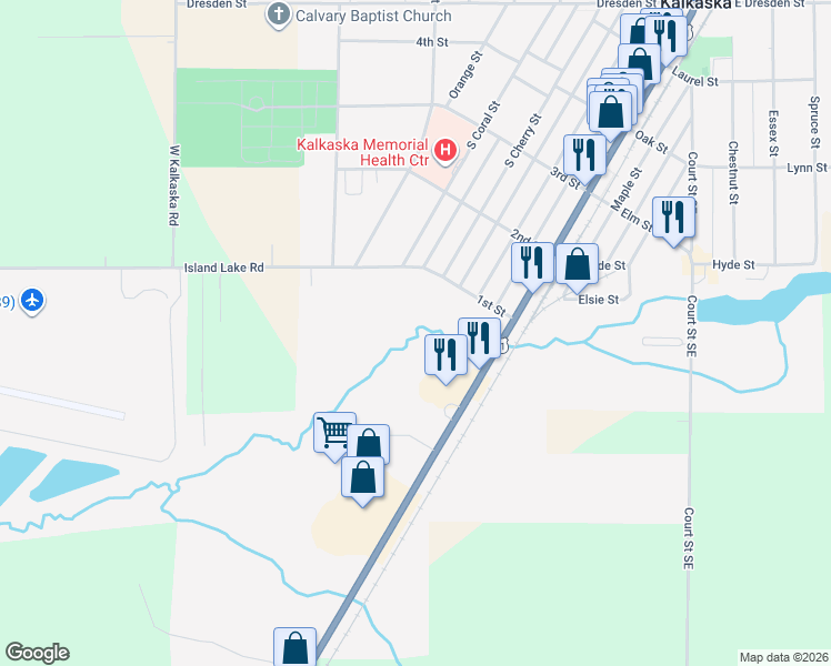 map of restaurants, bars, coffee shops, grocery stores, and more near 365-405 1st Street in Kalkaska