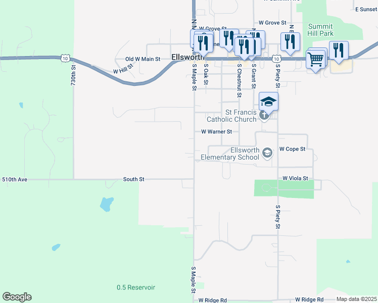 map of restaurants, bars, coffee shops, grocery stores, and more near 409 South Maple Street in Ellsworth