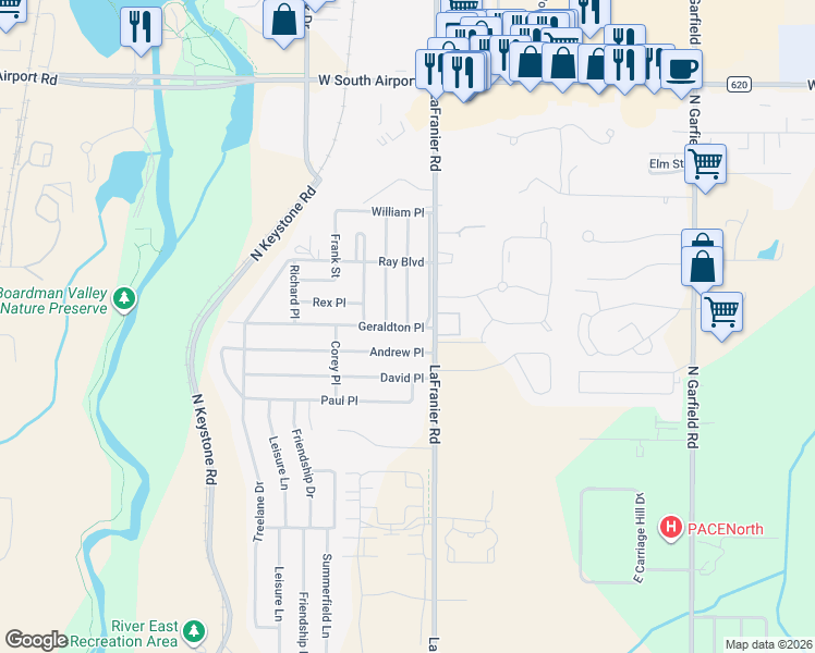 map of restaurants, bars, coffee shops, grocery stores, and more near 2700 South Thomas Place in Traverse City