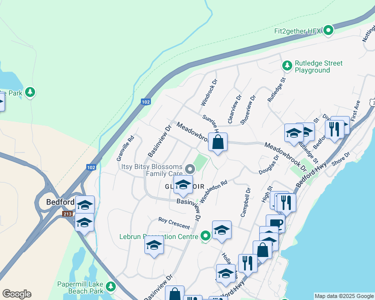 map of restaurants, bars, coffee shops, grocery stores, and more near 27 Orchard Drive in Bedford