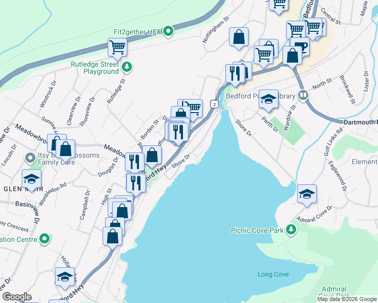 map of restaurants, bars, coffee shops, grocery stores, and more near 368 Shore Drive in Bedford