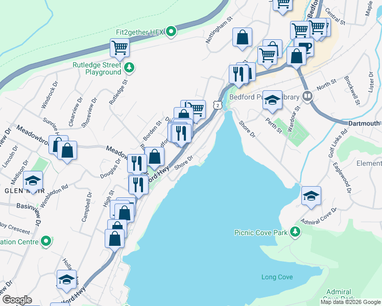map of restaurants, bars, coffee shops, grocery stores, and more near 368 Shore Drive in Bedford