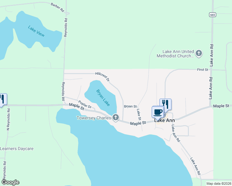 map of restaurants, bars, coffee shops, grocery stores, and more near 19451 Hillcrest Drive in Lake Ann